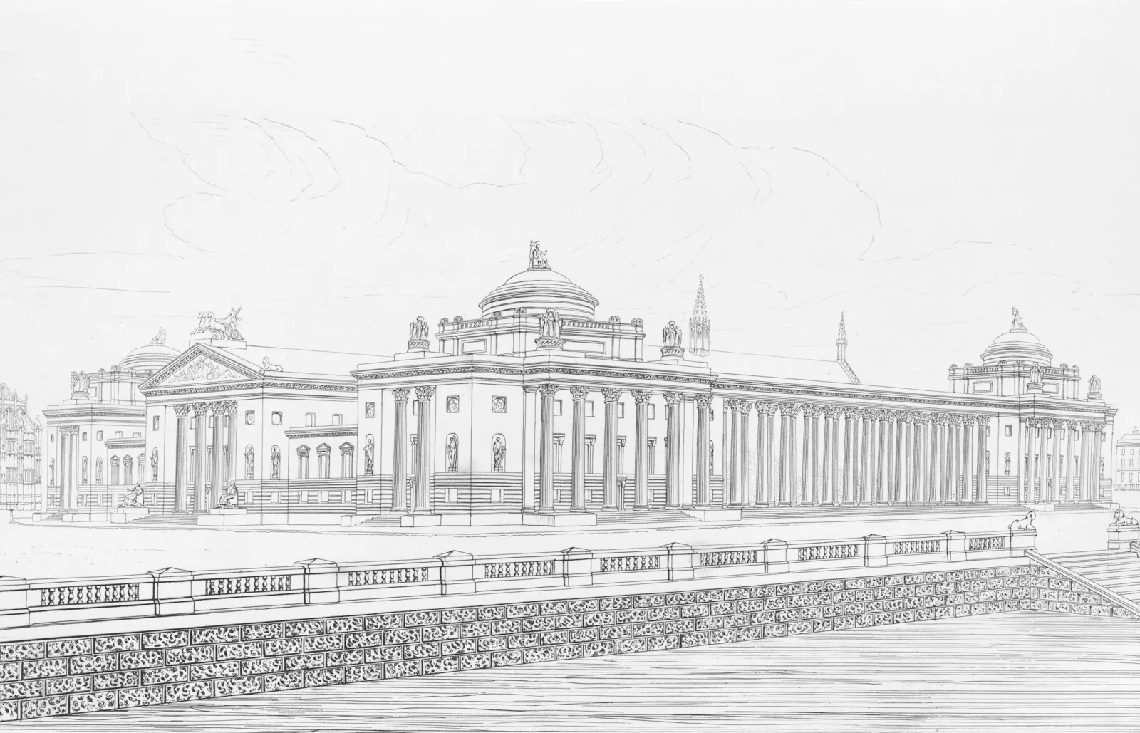Dessin d’un édifice public néoclassique à colonnade