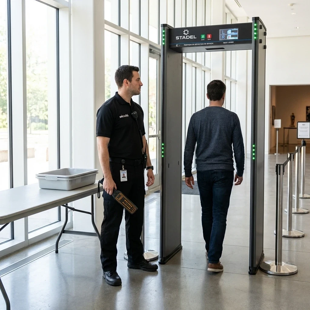Portique PS-700 installé à l’entrée d’un bâtiment, un agent contrôle les visiteurs